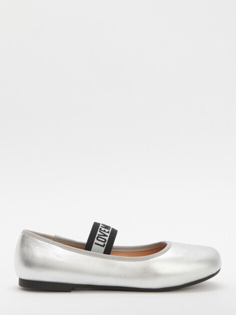 Silver Glossy Ballet Flats with Elastic Strap