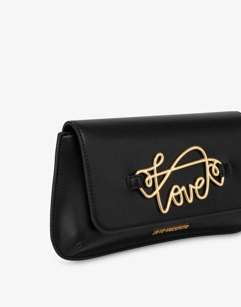 Black Faux Leather Clutch with Gold Love Detail