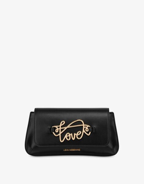 Black Faux Leather Clutch with Gold Love Detail