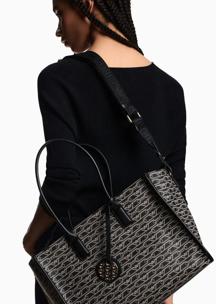 Black Logo Pattern Tote Bag with Leather Trim
