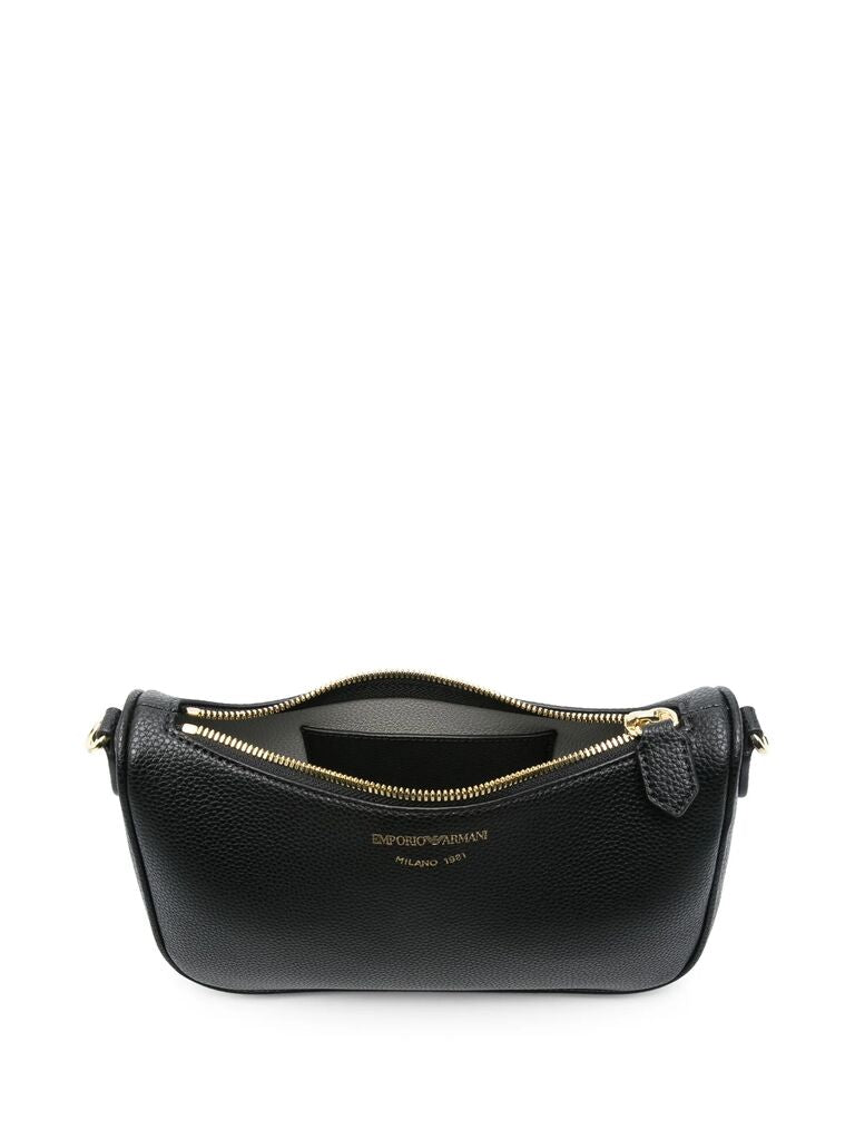 Black Textured Shoulder Bag with Logo Strap