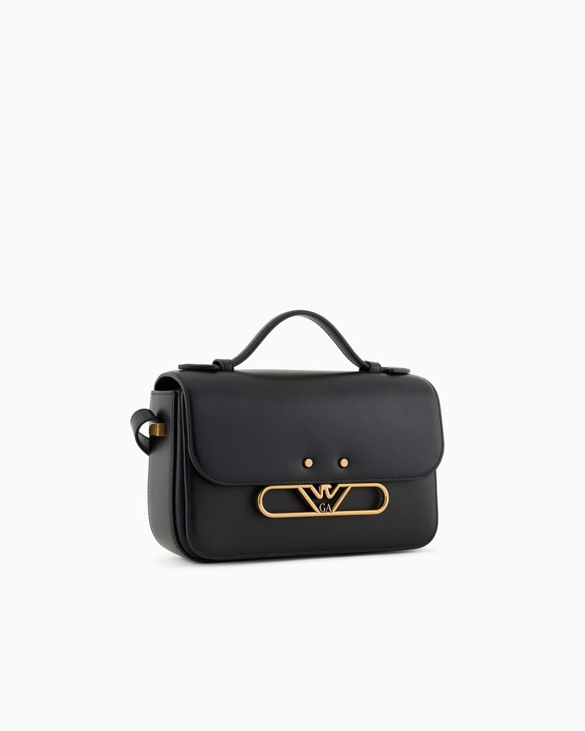 Black Classic Leather Satchel with Gold Accents