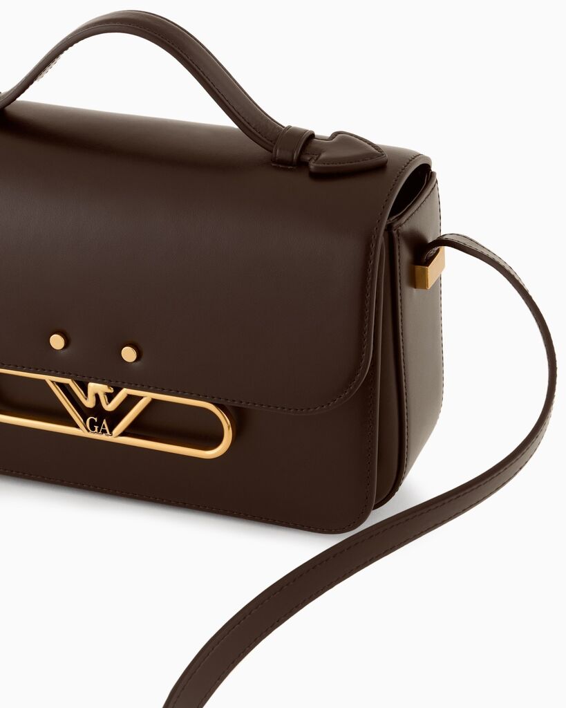 Brown Classic Leather Satchel with Gold Accents