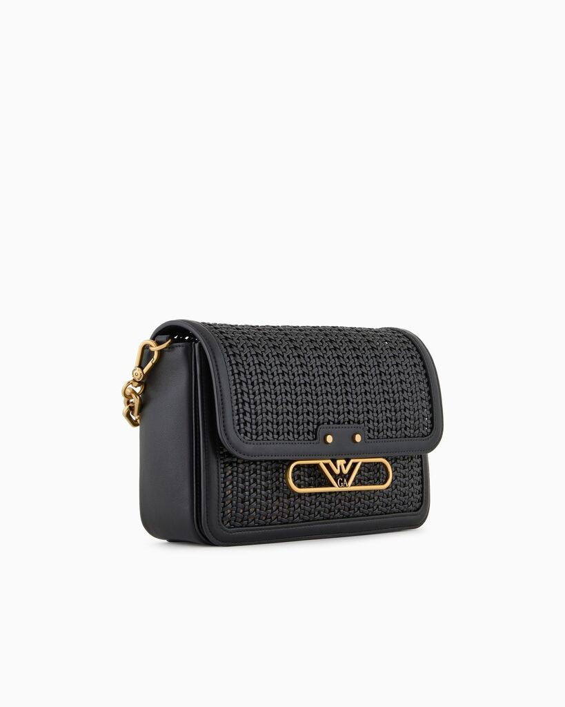 Black Woven Crossbody Bag with Chain Strap