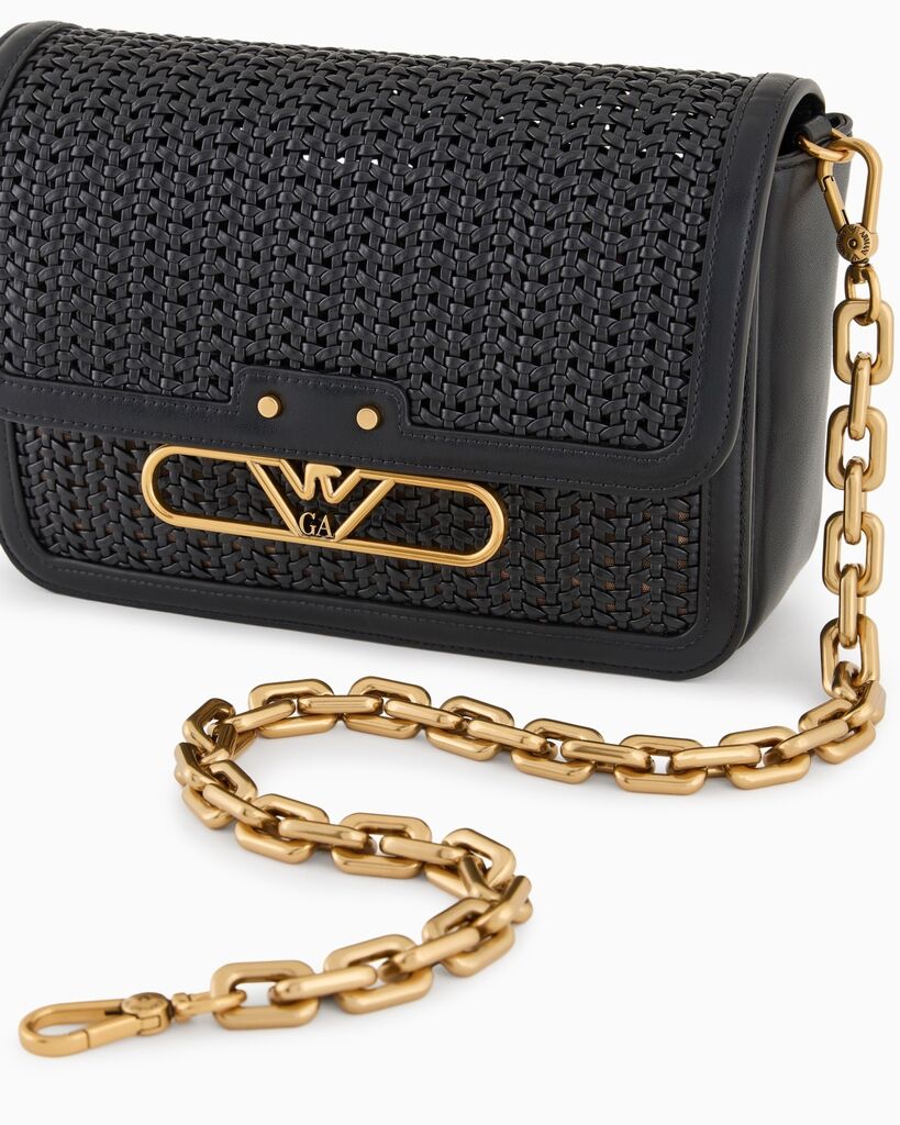 Black Woven Crossbody Bag with Chain Strap