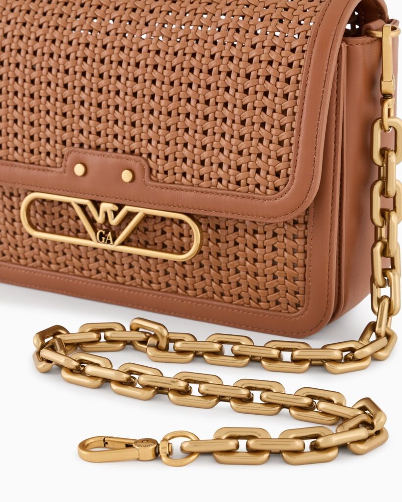 Tan Woven Shoulder Bag with Chain Strap
