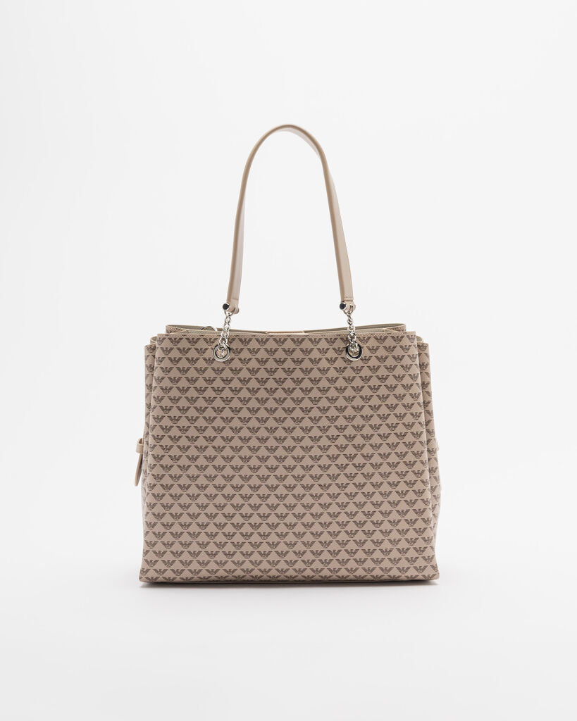 Beige Logo Pattern Tote Bag with Chain Handles