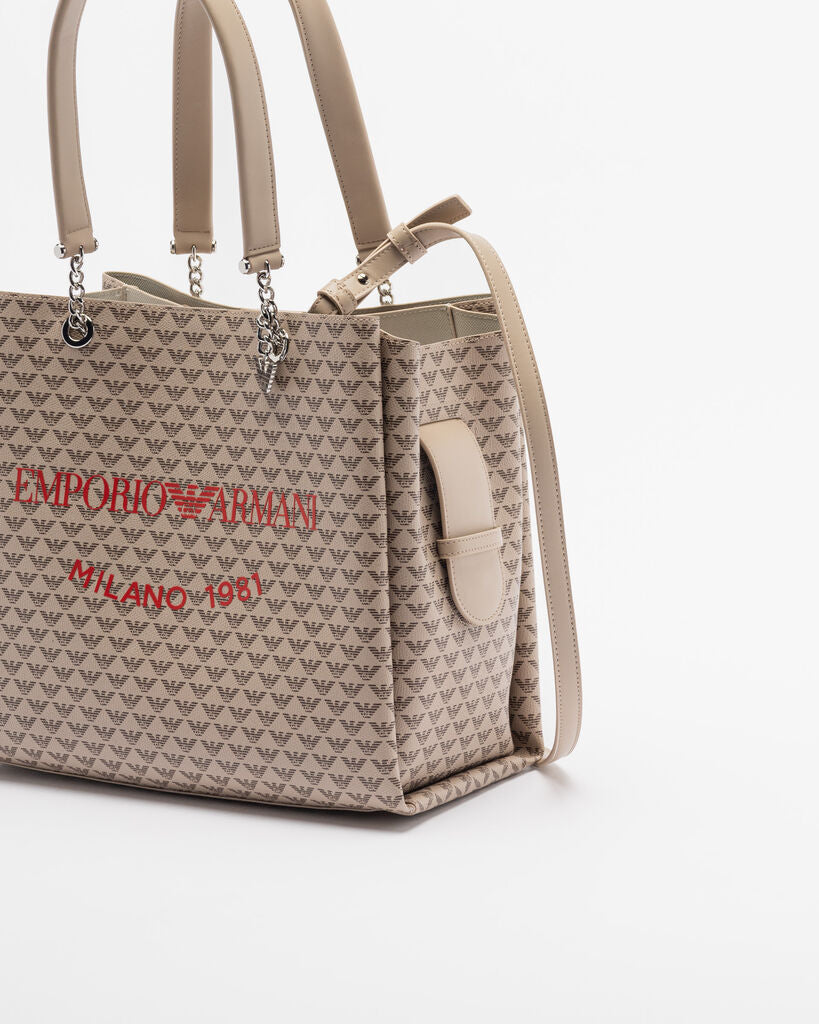 Beige Logo Pattern Tote Bag with Chain Handles