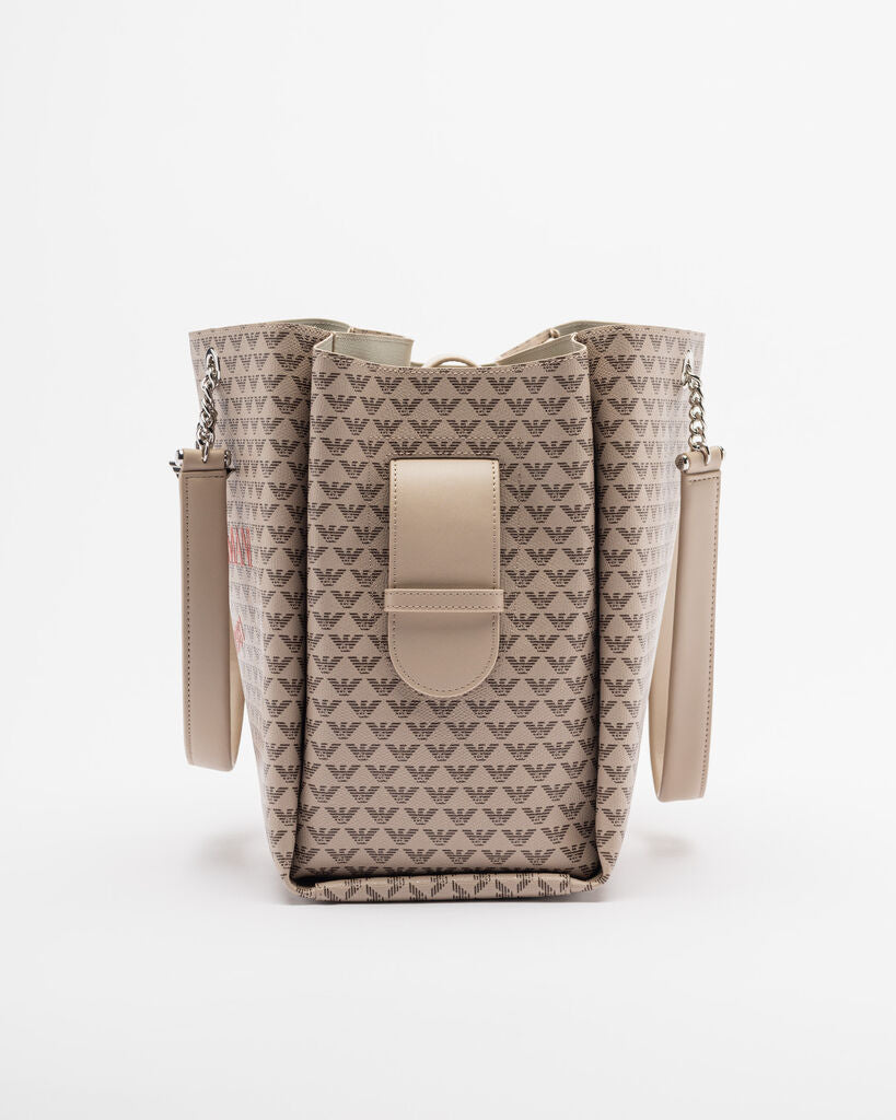 Beige Logo Pattern Tote Bag with Chain Handles