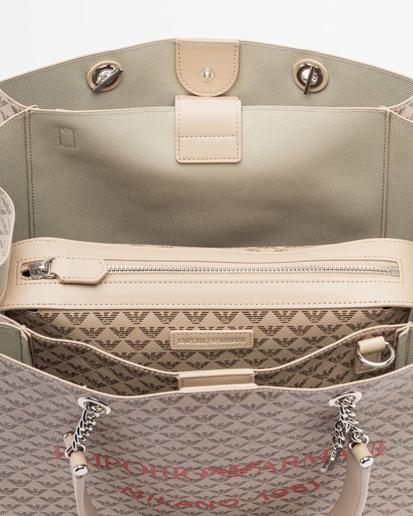 Beige Logo Pattern Tote Bag with Chain Handles