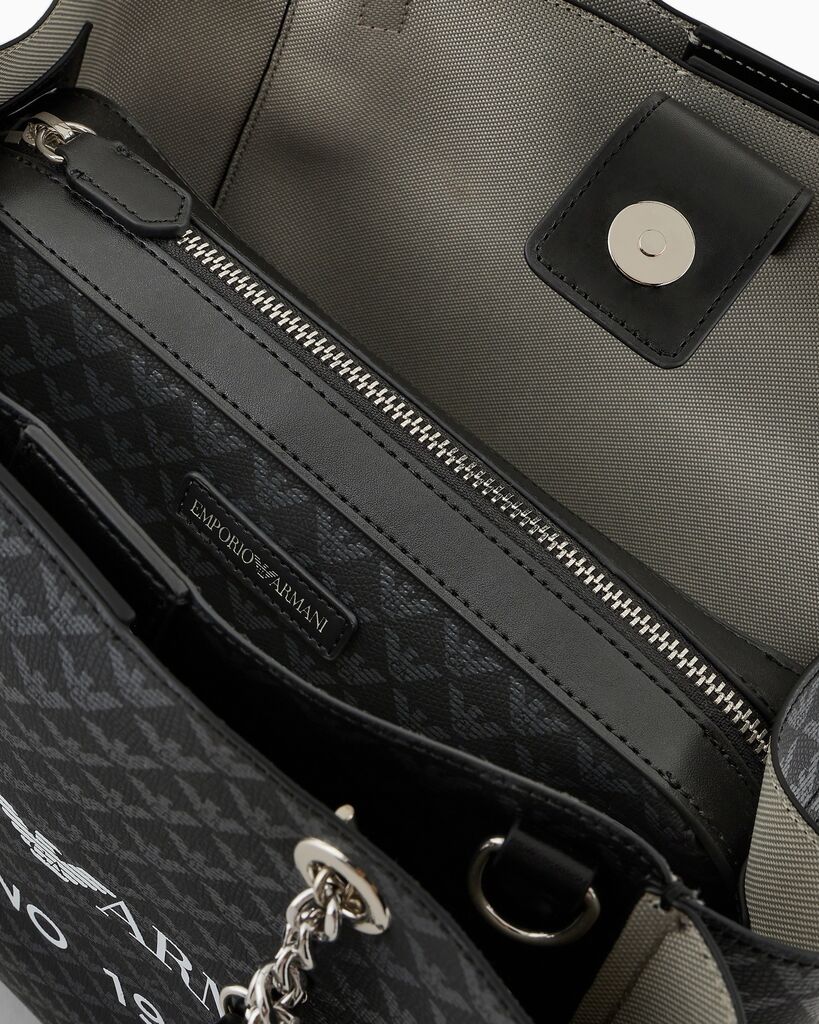 Black Logo Pattern Tote with Chain Handles