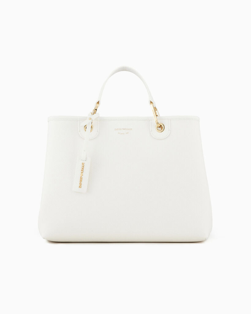 White Structured Leather Tote with Gold Accents