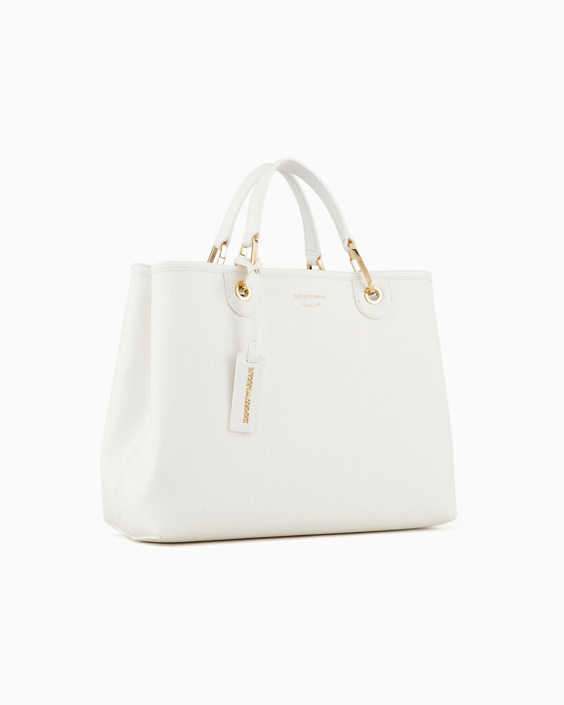 White Structured Leather Tote with Gold Accents
