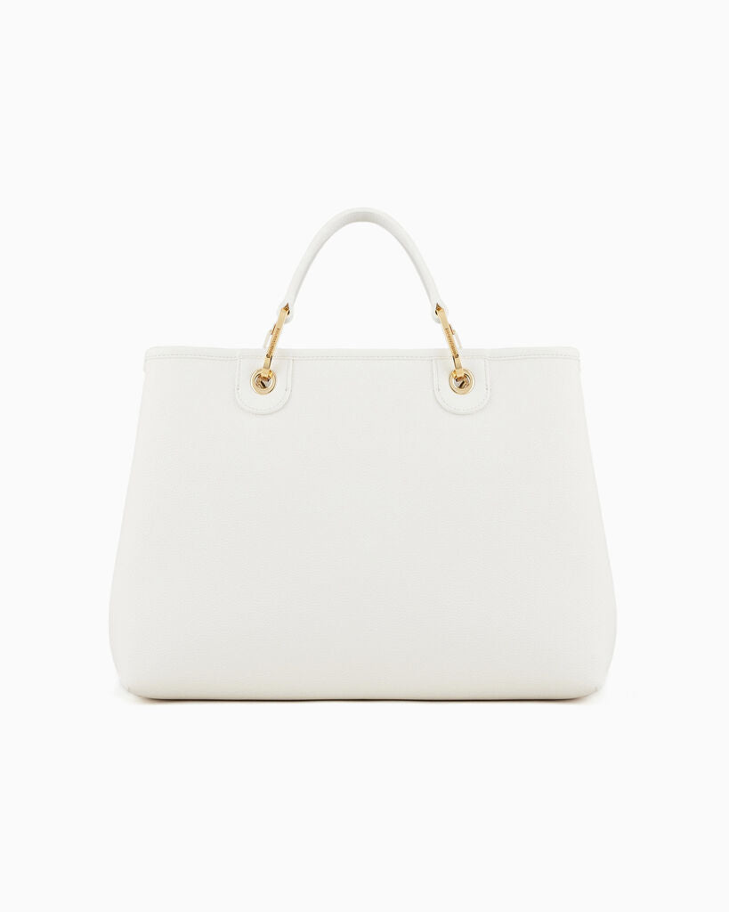 White Structured Leather Tote with Gold Accents