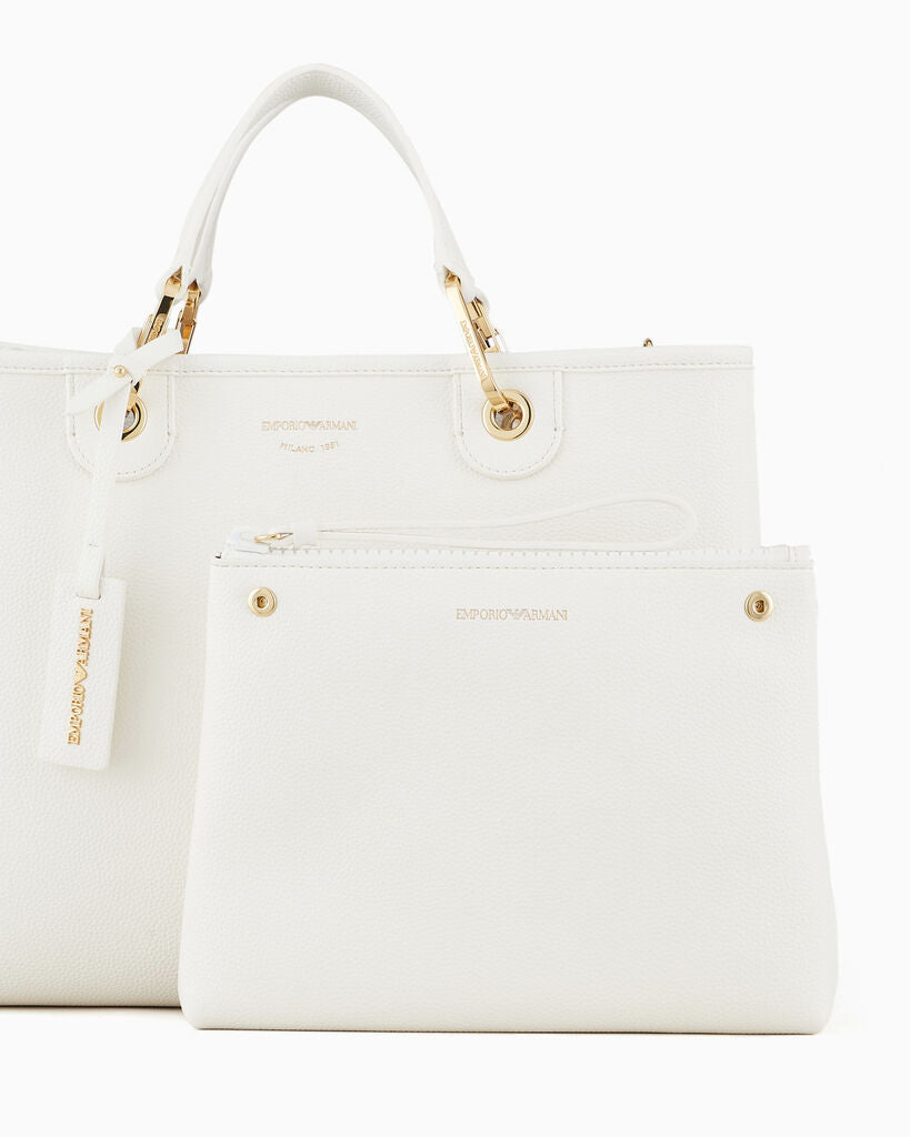 White Structured Leather Tote with Gold Accents