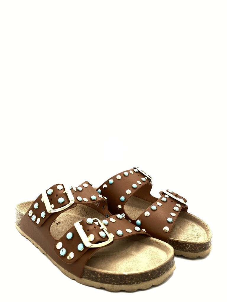Brown Embellished Sandals with Dual Buckle Straps