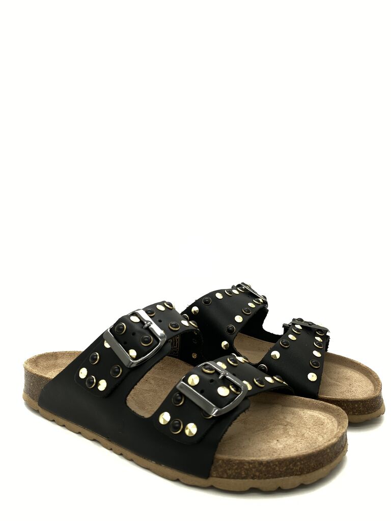 Black Studded Slide Sandals with Double Buckle