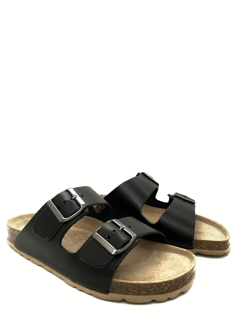Black Double Strap Slide Sandals with Buckles