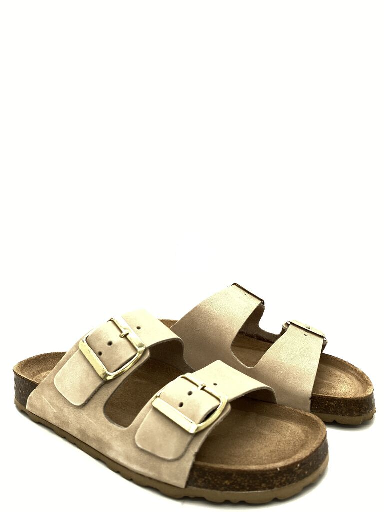 Beige Suede Slide Sandals with Double Straps