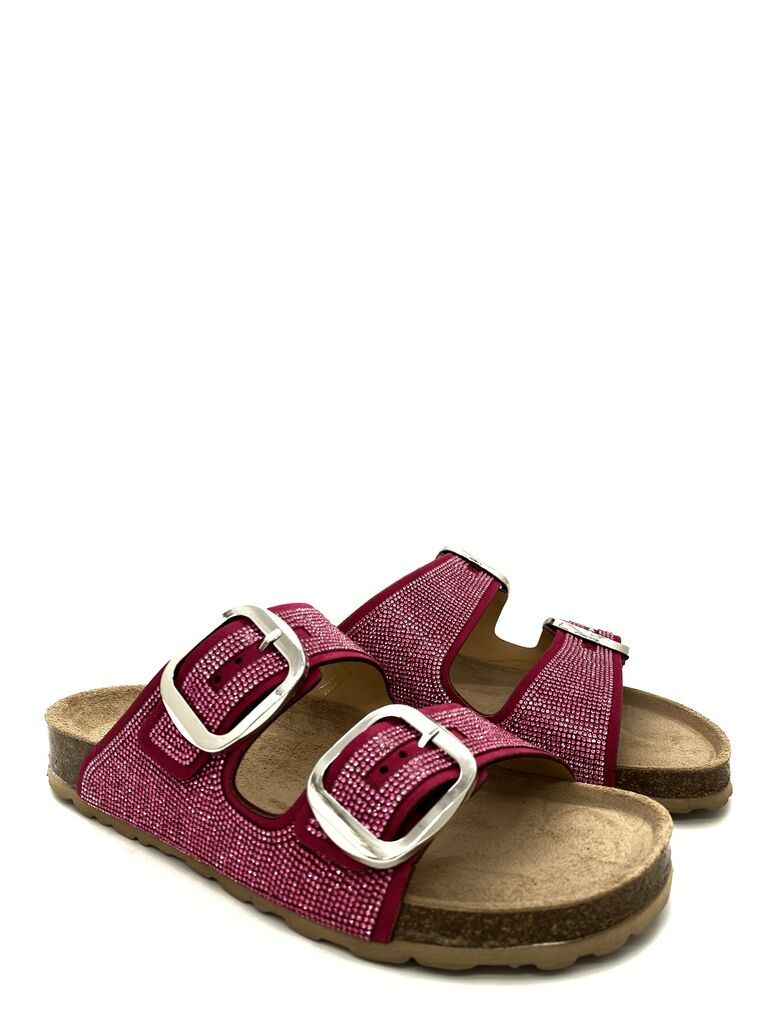 Red Textured Slide Sandals with Buckle Accents