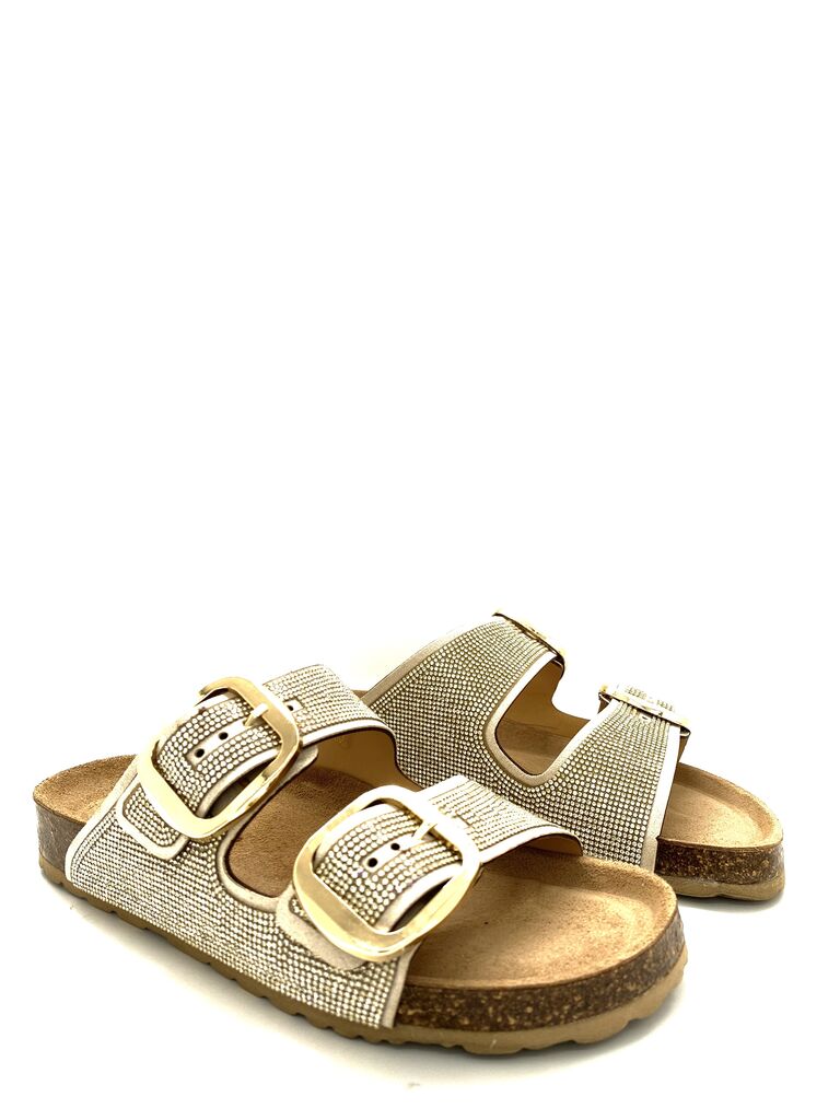 Gold Studded Slide Sandals with Buckle Detail