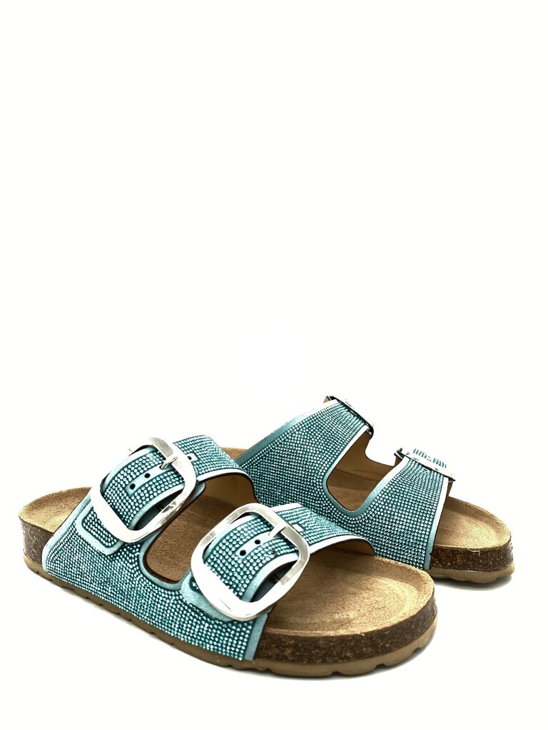 Turquoise Textured Sandals with Double Buckle