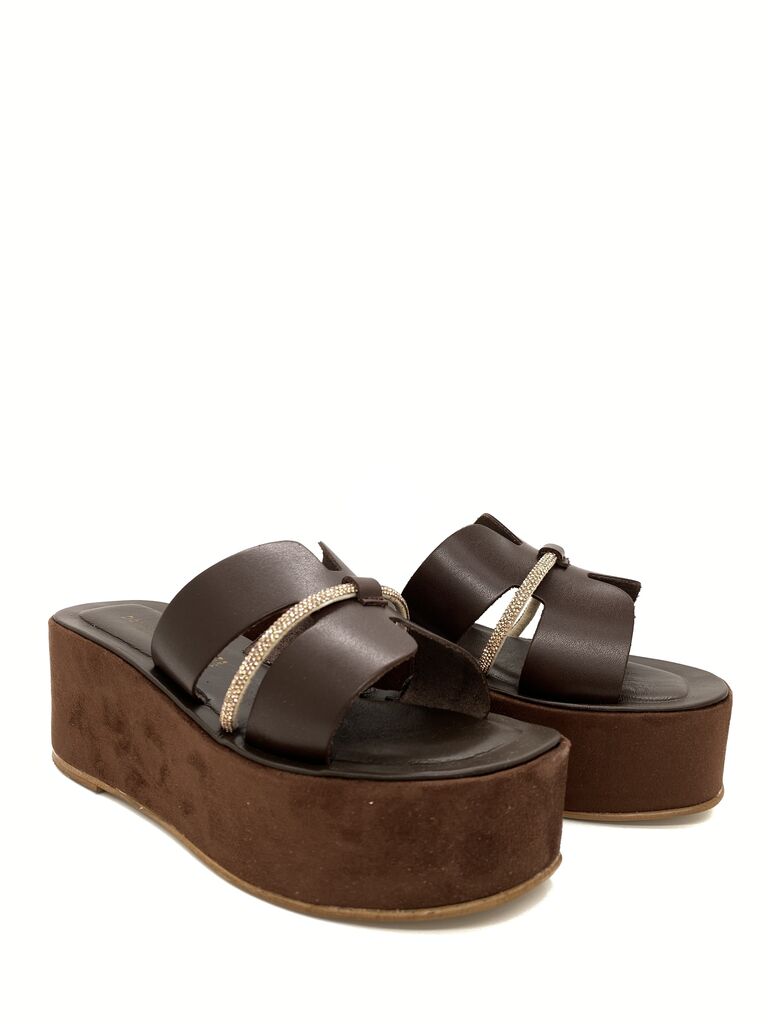 Brown Leather Platform Sandals with Embellished Strap