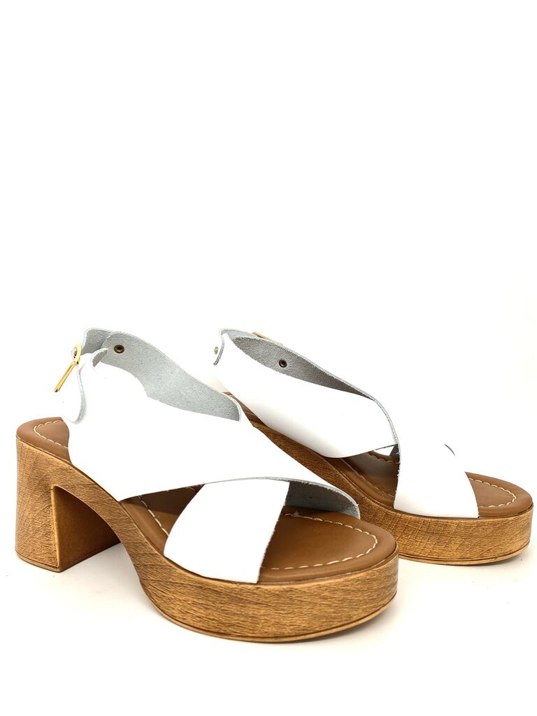 White Leather Platform Sandal with Chunky Wooden Heel