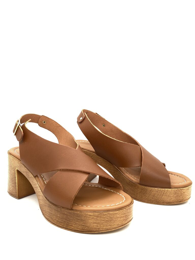 Brown Faux Leather Platform Sandal with Buckle Strap