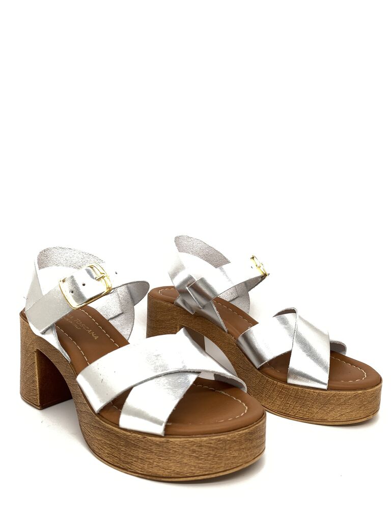 Silver Strappy Sandal with Wooden Block Heel