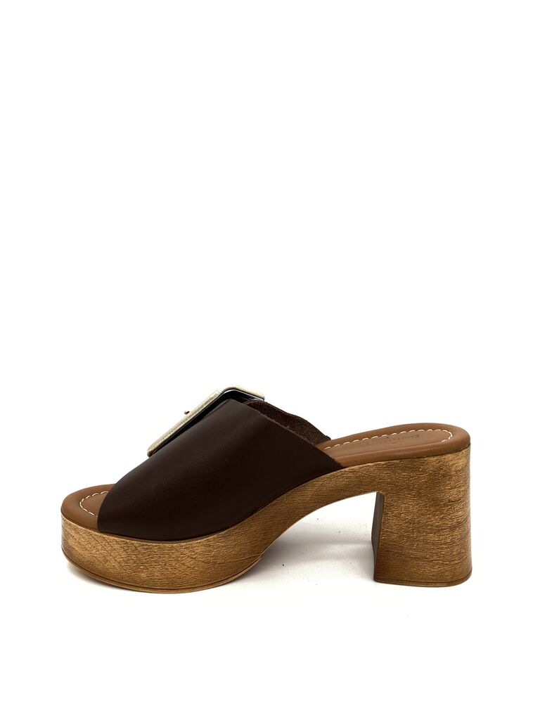 Brown Textured Block Heel Sandal with Oversized Buckle