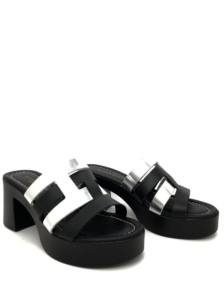 Black and Silver Block Heel Slide Sandals