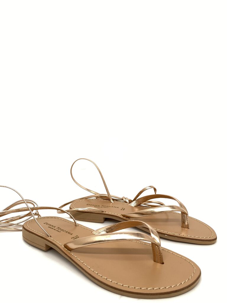 Golden Leather Flat Sandal with Ankle Tie