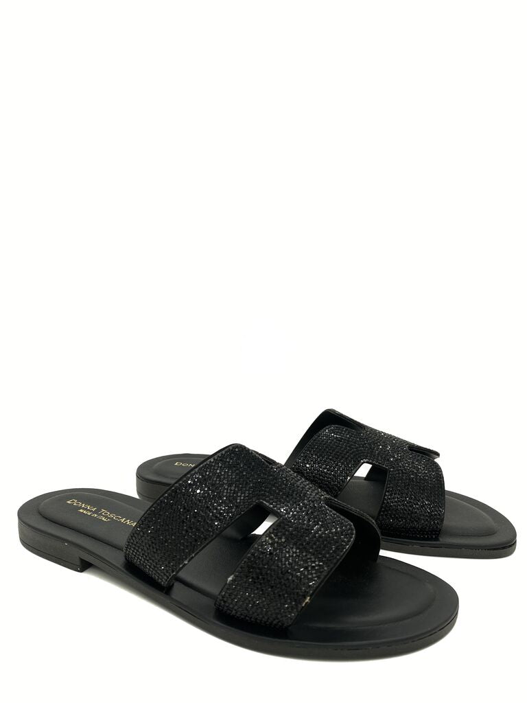 Black Textured Slide Sandals with Wide Straps