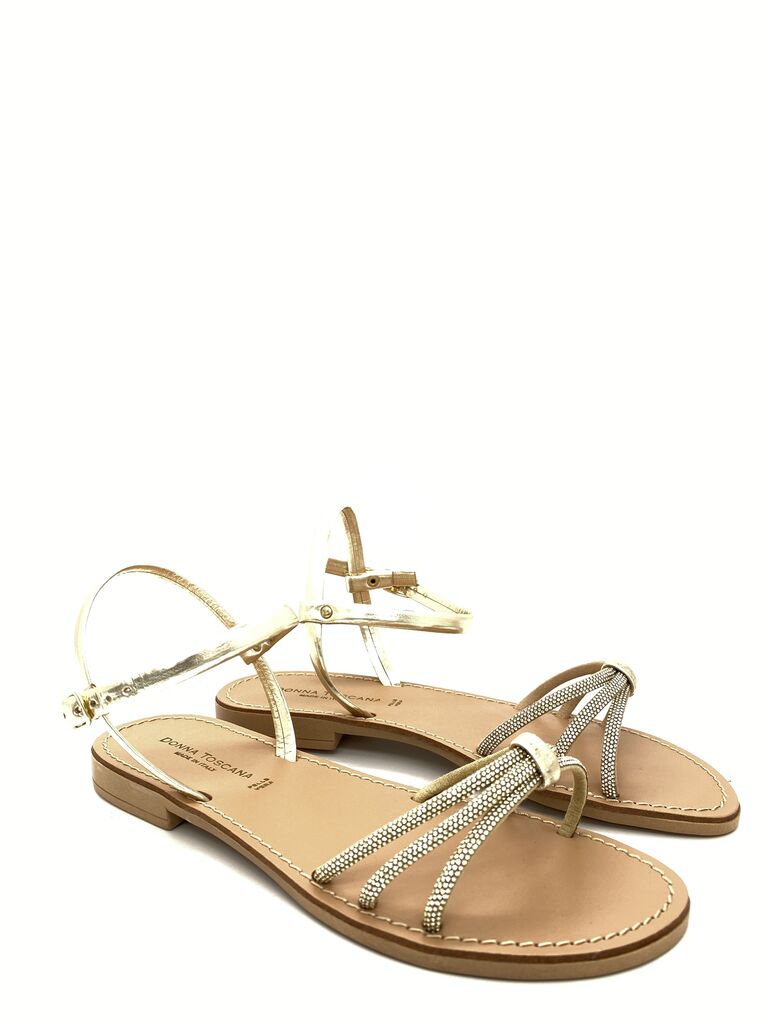Gold Strappy Flat Sandal with Rhinestone Accents