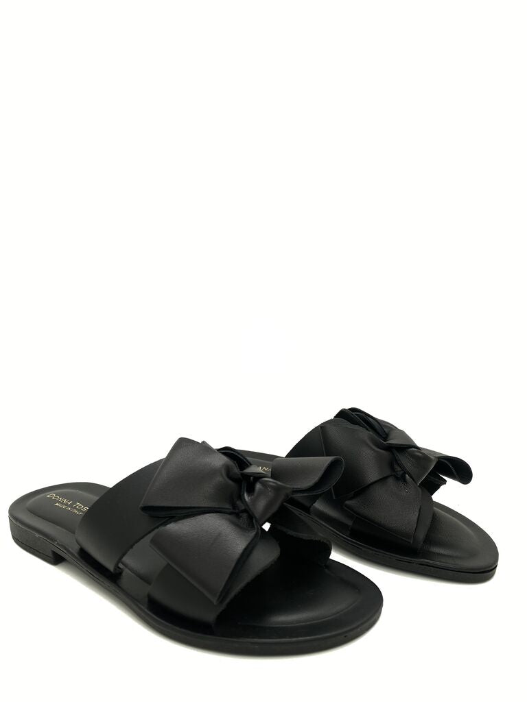 Black Leather Slide with Bow Accent