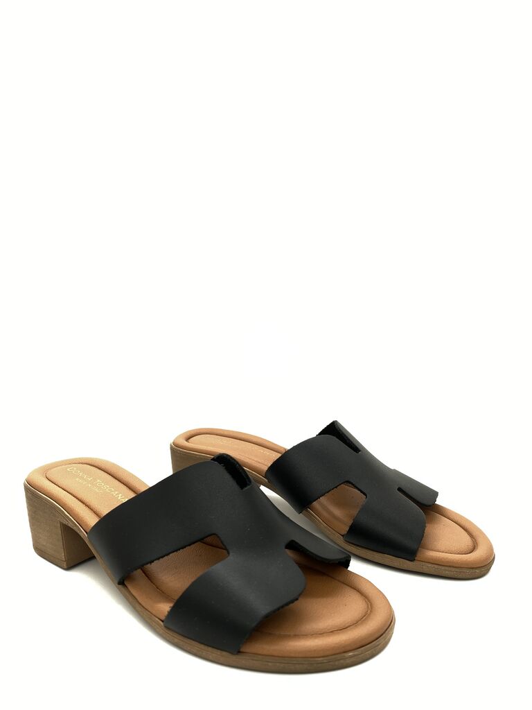 Black Leather Slide Sandals with Block Heel