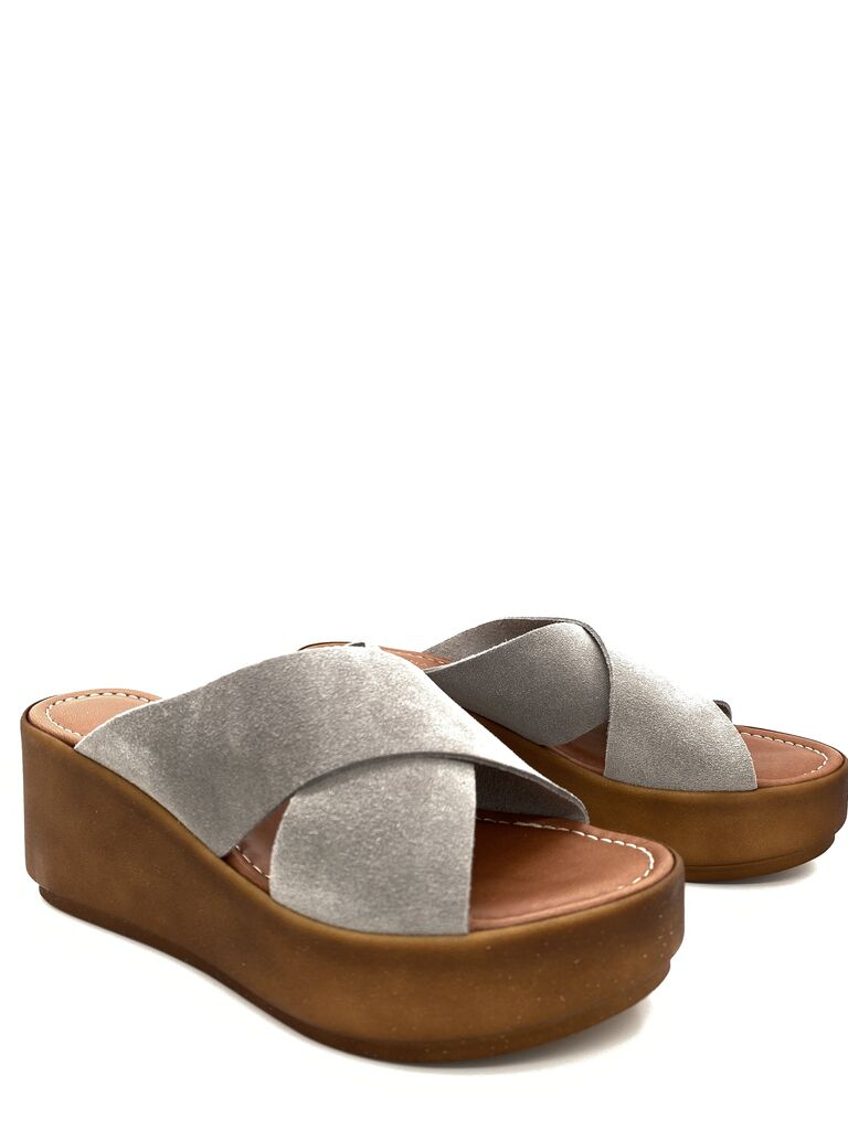 Taupe Suede Platform Wedge Sandals with Criss-Cross Straps