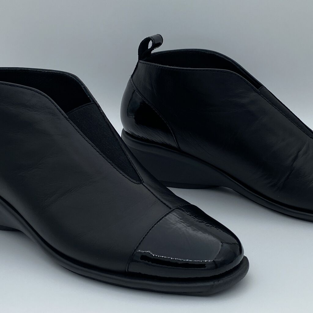 Black Leather Ankle Boot with Wedge Heel