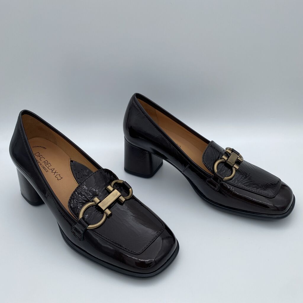 Black Glossy Block Heel Loafers with Metal Accent