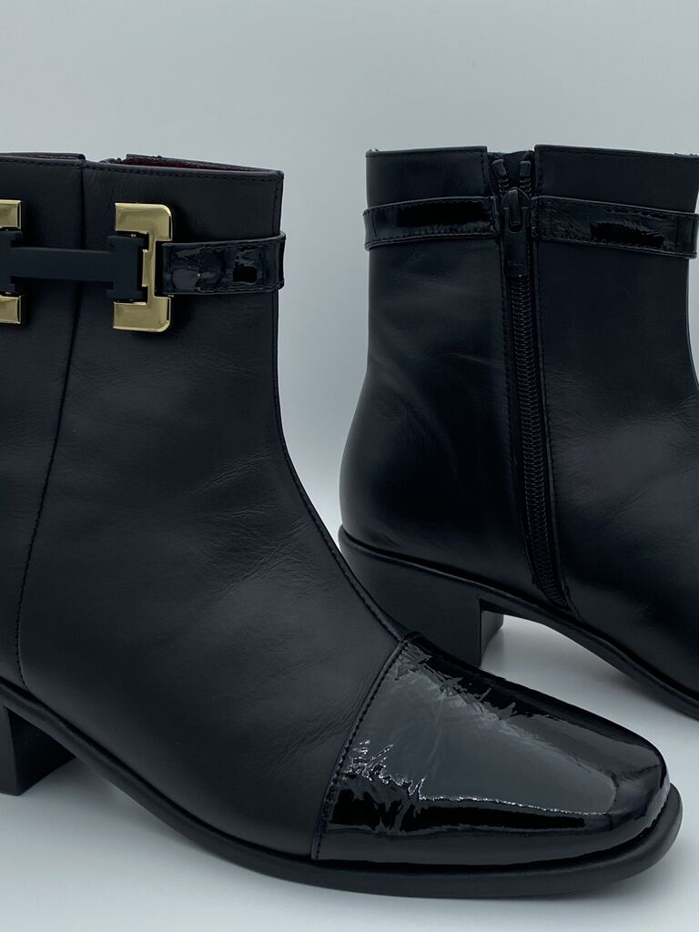 Black Leather Ankle Boot with Gold Buckle Detail