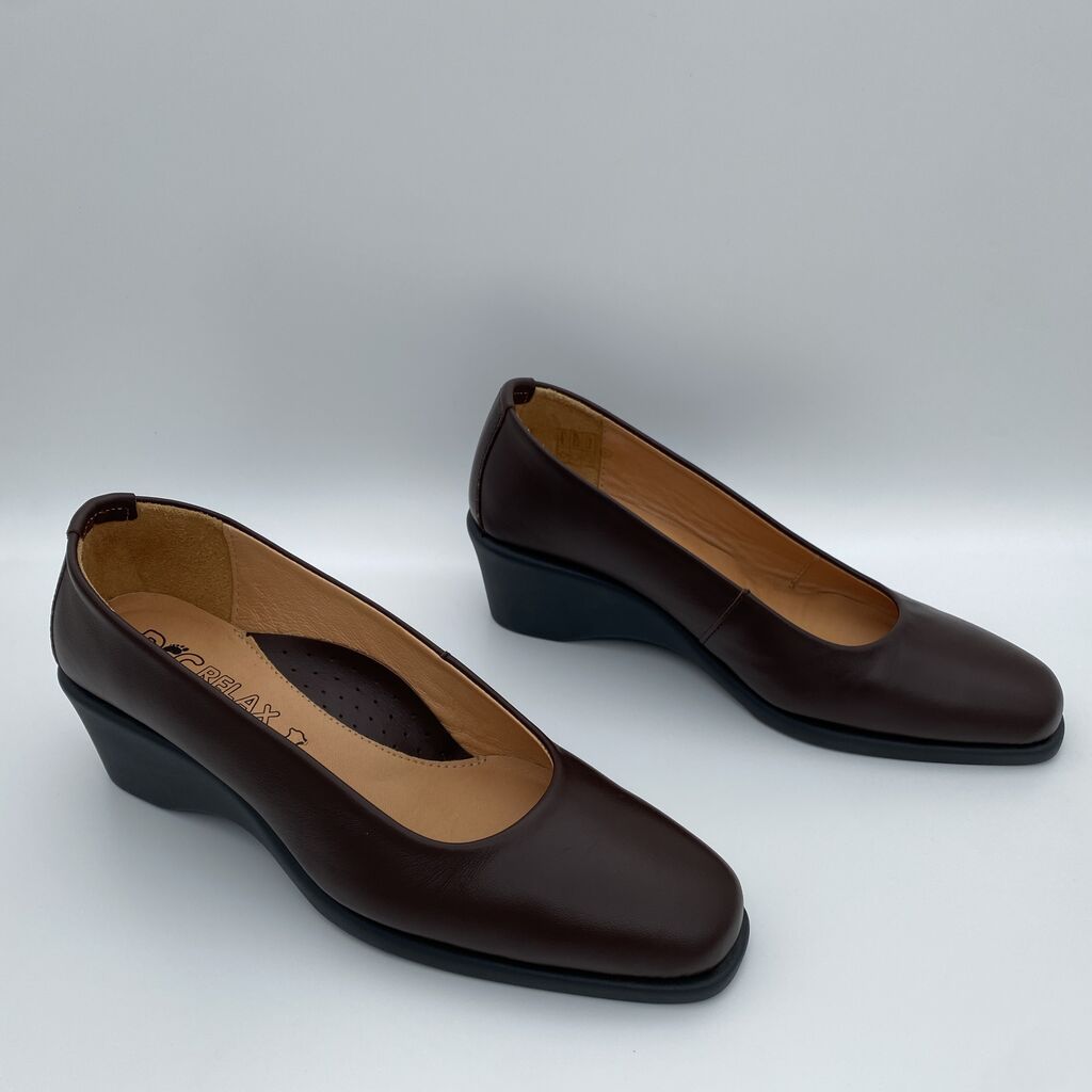 Brown Leather Wedge Pumps with Square Toe
