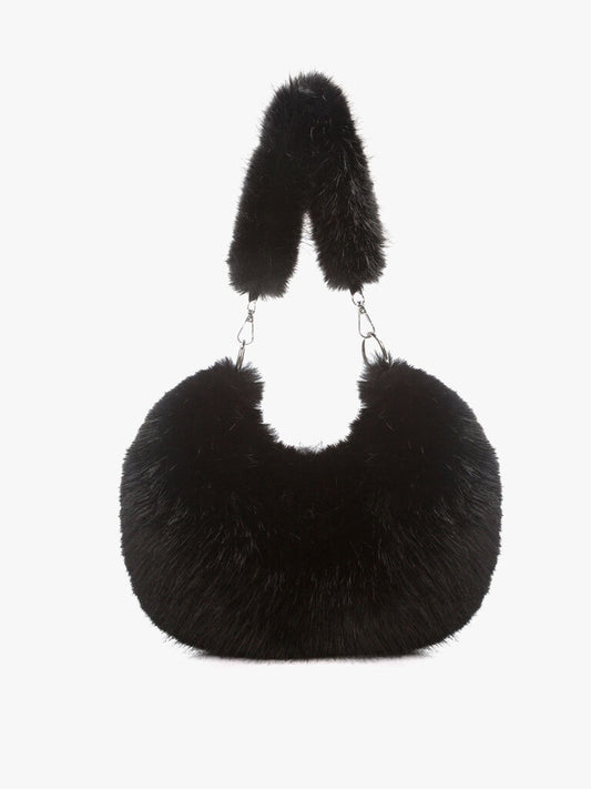 Black Plush Half-Moon Handbag with Detachable Strap