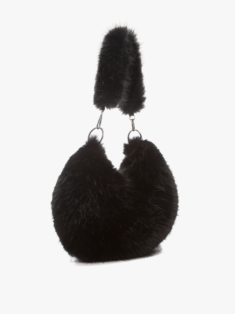 Black Plush Half-Moon Handbag with Detachable Strap