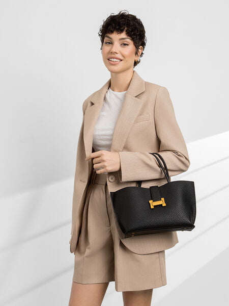Black Textured Tote Bag with Gold Accent