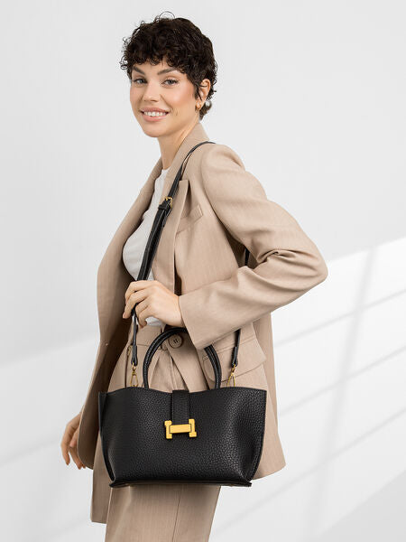 Black Textured Tote Bag with Gold Accent
