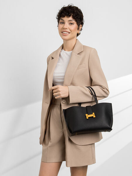 Black Textured Tote Bag with Gold Accent