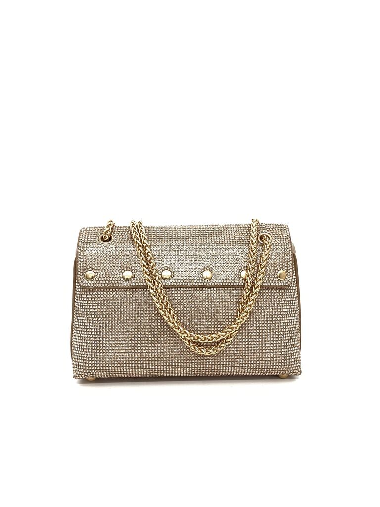 Gold Textured Chain Shoulder Bag with Bow Accent