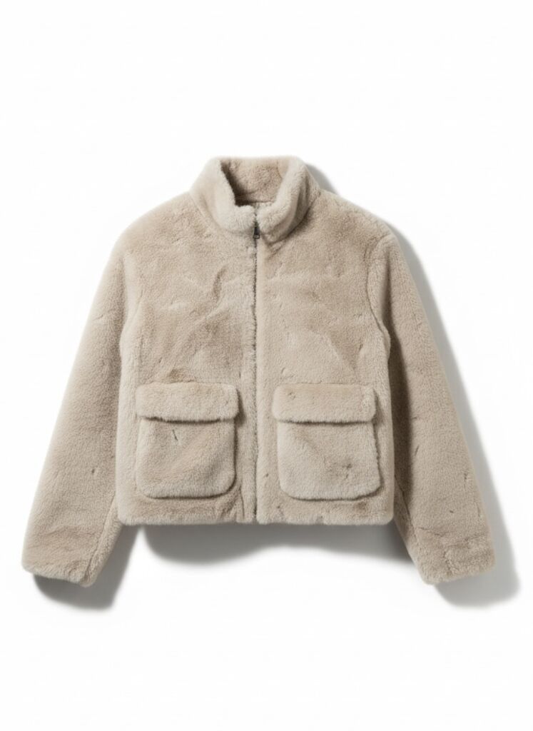 Beige Faux Fur Jacket with Front Pockets