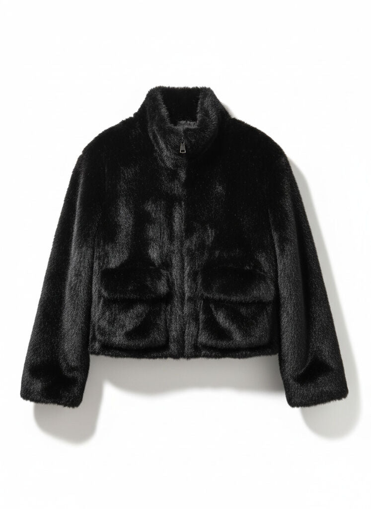 Black Faux Fur Jacket with Zipper Closure